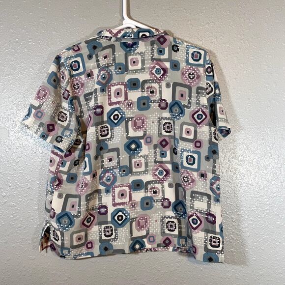Womens Large Short Sleeve Blouse Shirt Top Tee Collared Geometric y2k Retro - Picture 2 of 8